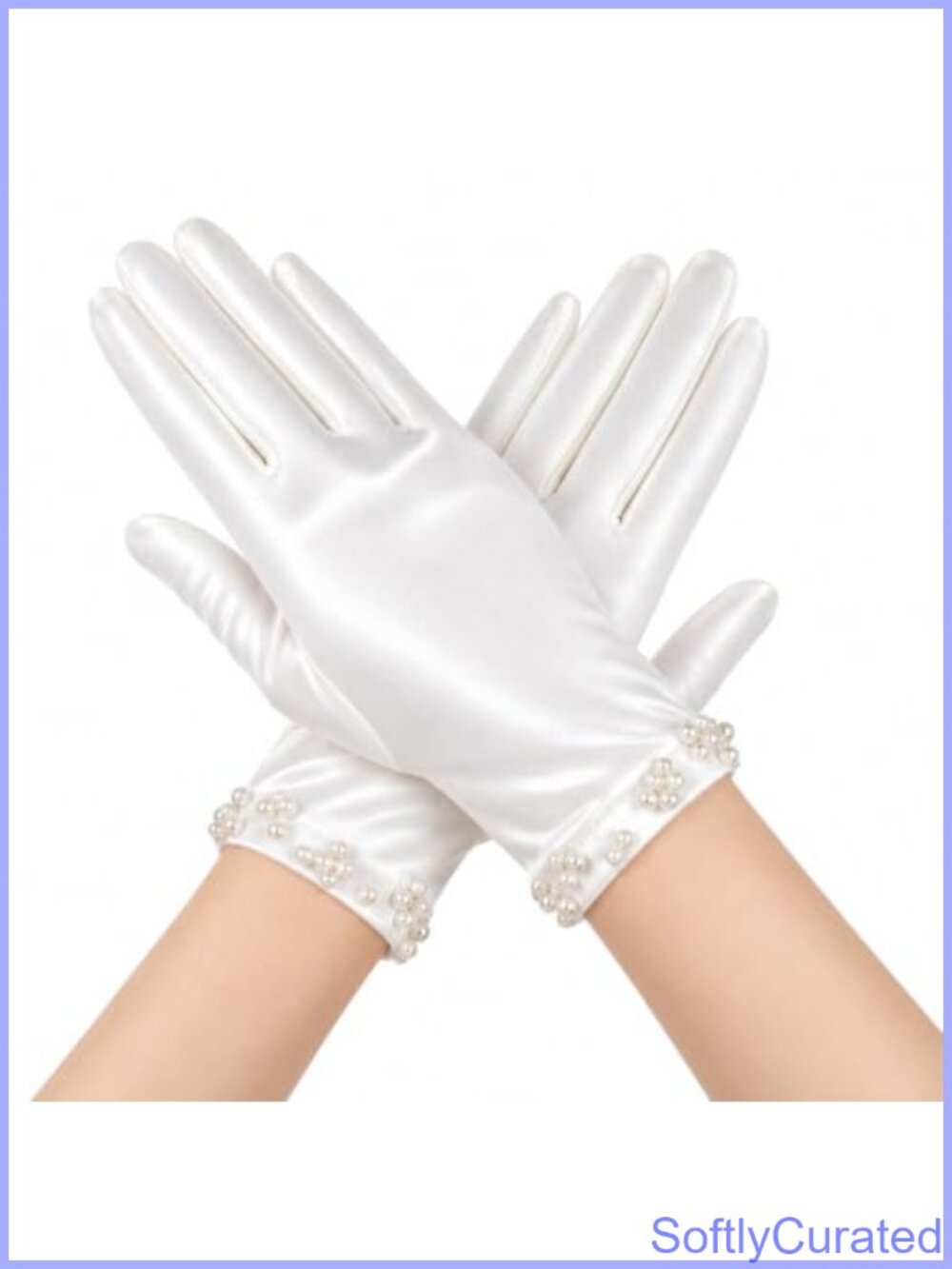 Satin Gloves Wrist-Length Full Finger Faux Pearl Trim Formal Tea Party